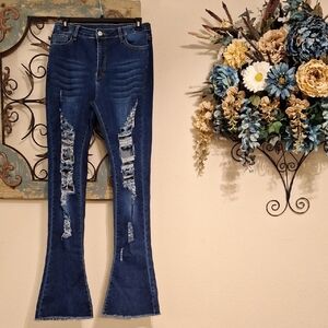 Dark Blue Distressed Flare Jeans. Excellent Condition NWOT Size Large